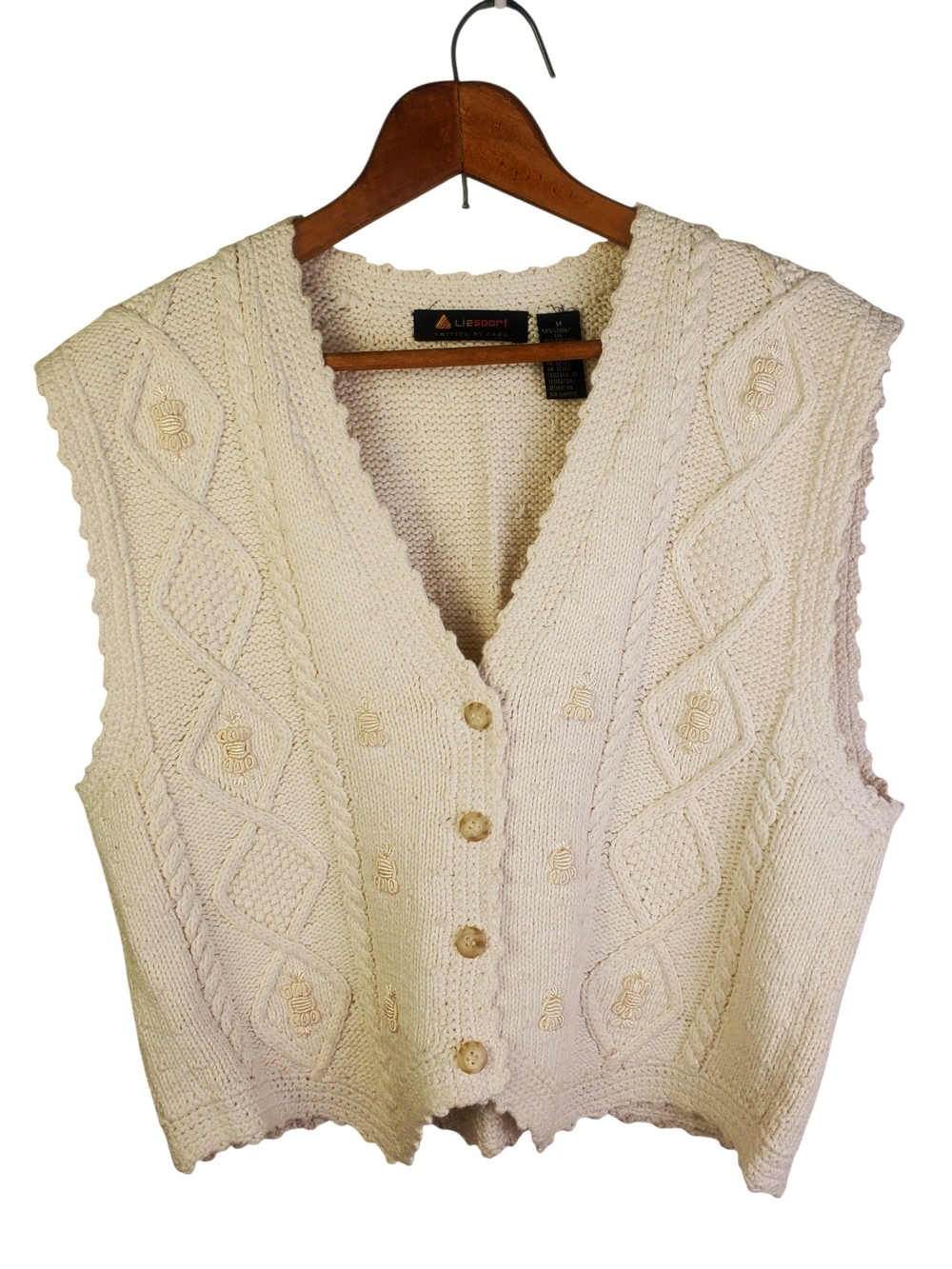 VTG Lizsport Liz Claiborne Cream Cable Knit Sweater Vest. MED. #373